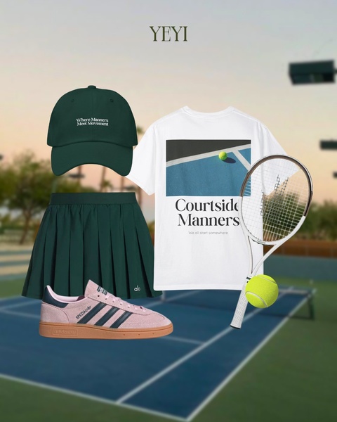 tennis skirt, graphic t-shirt, baseball cap, tennis sneakers, tennis racket, new arrival, lifestyle, minimalist, fresh, calm, green, neutral
